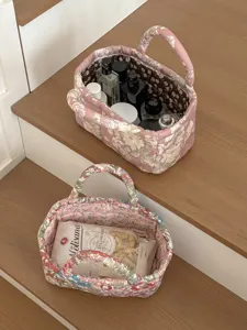 Quilted fabric storage basket pink floral desktop organizer with handles for home sundries storage