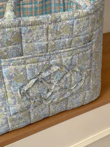 Gesteppter Blumen Aufbewahrungskorb Detail mit blauem Stoff, Karofutter und Fronttasche.
