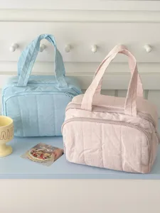 Solid Color Nylon Cosmetic Bag Quilted Toast Cloud Shape Toiletry Organizer Handheld Large Capacity Makeup Storage Pouch