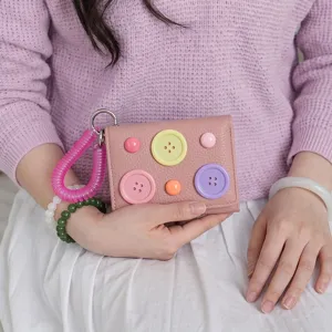 Korean dopamine style trifold mini wallet with colorful button decoration and spring keychain.