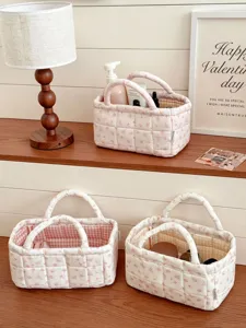 Frisch Süß Polyester Gesteppt Blumen Desktop Aufbewahrungskorb Mit Griff Bedruckt Snack Organizer Für Zuhause Haushalt