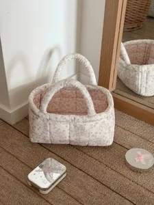 Koreaanse stijl bloemen corduroy opbergmand, gewatteerde handige organizer voor thuis bureau.