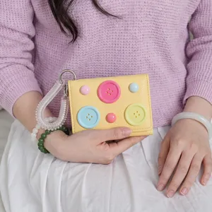 Korean dopamine color trifold coin purse with colorful button decor and spring wristlet.