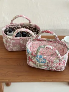 Vintage Quilted Fabric Storage Basket Premium Polyester Floral Pattern Organizer Bin Handle Desk Sundries Makeup Container