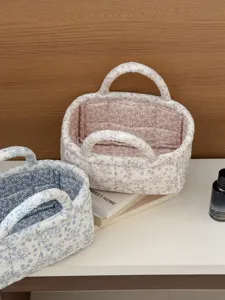 Corduroy bloemen opbergmand, schattige gewatteerde bureau organizer tas voor thuis.