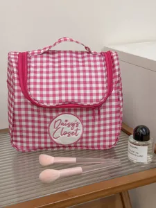 Roze Wit Plaid Cosmetische Tas Grote Capaciteit Draagbare Toilettas Organizer Handheld Make-up Opbergdoos met Handvat