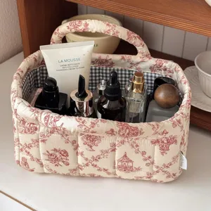 French vintage red toile de jouy small fabric storage basket for desk and cosmetics organizer.