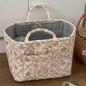 French quilted fabric storage basket, portable floral laundry and snack organizer bin for home.