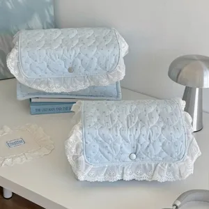 Modern Minimalist Cotton Quilted Storage Basket Fresh Light Blue Heart Star Print Desktop Organizer Bin Rectangle Storage Box With Lace Trim Magnetic Closure Fabric Storage Basket Box For Dorm Bedroom Home Decoration
