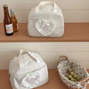 Kord-Lunchtasche mit niedlicher Spitzen-Herz-Bestickung, große Tasche für Pendler und Studenten.