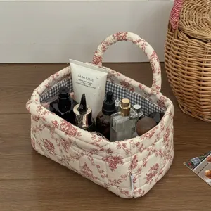 French style red floral storage basket desktop cosmetic organizer fabric bin cute