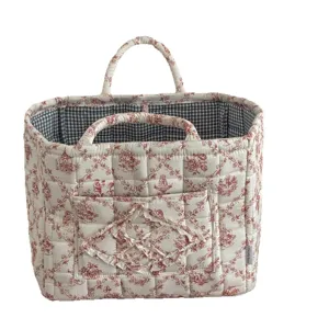 French style quilted storage basket, portable fabric organizer for snacks and home clutter.