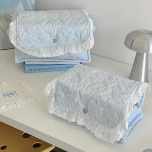 Blue star quilted storage basket with white lace, cute fabric organizer box for bedroom.