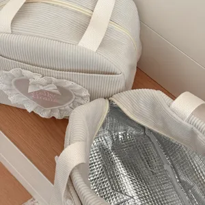 Beige Kord isolierte Lunchtasche mit Spitzenherz-Stickerei, große Tragetasche für Pendler.