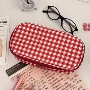Red and white plaid pencil case, aesthetic large capacity canvas pen bag for students.