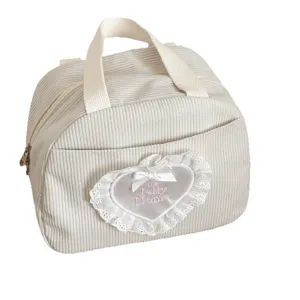 Kord-Lunchtasche mit Herz-Aufnäher aus Spitze, stilvolle Pendlerhandtasche für Frauen.