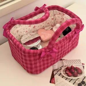Pink Checkered Quilted Storage Basket Sweet Bow Fabric Handbag Organizer for Desktop