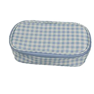 Blue and white gingham pencil case, large capacity portable makeup pouch for student storage.