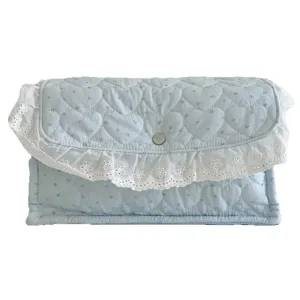 Cute blue quilted storage basket with star pattern and white lace trim, large capacity.