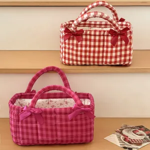 French vintage quilted storage basket with sweet bow, cute plaid fabric tote bag for home.