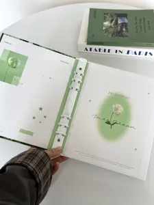 Carpeta de anillas A5 verde para tarjetas de fotos para colección y papelería estética.