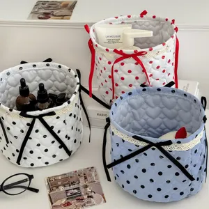 Large Polka Dot Quilted Cylindrical Storage Basket Bowknot Desktop Sundry Organizer Quilted Nylon Basket For Makeup Cosmetics Home Office