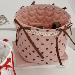 Pink polka dot quilted storage basket with bows cute desktop organizer bin for sundries