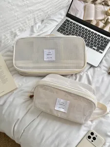 Minimalistisch Netzstoff Kosmetiktasche Atmungsaktiv Reißverschluss Kulturbeutel Cremebeige Große Kapazität Reisen Waschtasche Für Damen