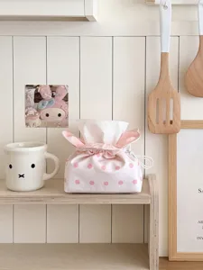 Cute pink polka dot fabric tissue box cover, soft aesthetic desktop napkin holder for home decor.