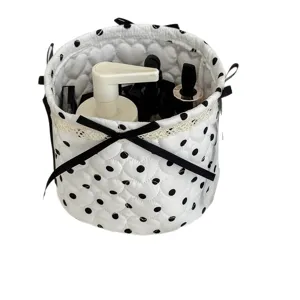 Quilted fabric polka dot storage basket with black bow for desktop cosmetic organizer bin