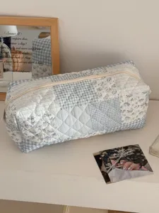Custodia trapuntata con fiori blu per asciugacapelli, borsa organizer da viaggio
