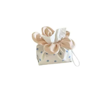 Cute polka dot fabric tissue box with flower petal design home decor storage holder main view