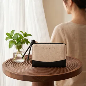 Women Short Bi-fold Wallet Patchwork Synthetic Leather Fabric With Lanyard Zipper Coin Purse Minimalist Fashion Card Holder Wallet