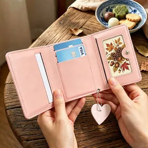 Portafoglio da donna rosa a tre ante con ciondolo a cuore e pratiche fessure per carte.
