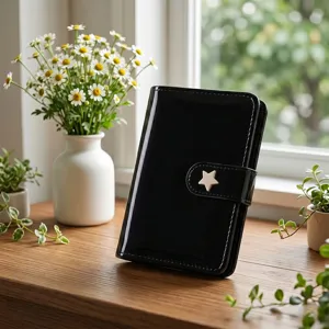 Agenda à anneaux en cuir vernis style coréen avec charm étoile élégante couverture noire