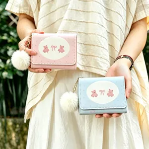 Cute Cartoon Bear Print Tri-fold Short Wallet for Women PU Leather Multi-functional Card Holder with Plush Ball Charm