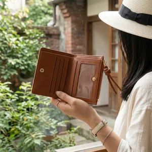 Minimalist bifold women's wallet with lanyard, short leather coin purse and card holders.