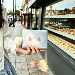 Cute cartoon bear tri-fold short wallet for women with soft plush ball charm detail.