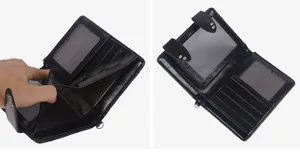 Close-up of black patent leather passport holder interior with multiple card slots.