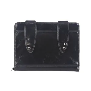 Black patent leather rabbit ear passport wallet card holder organizer with multiple slots.
