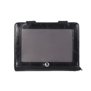 Black shiny leather passport holder card case detail view with clear window and snap button.