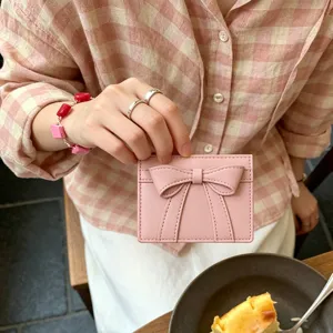 Pink bow card holder minimalist cute mini wallet slim card case for women daily use accessories