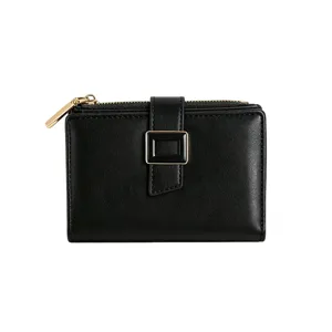 Portafoglio nero minimalista da donna, stile coreano in pelle PU con fibbia quadrata.