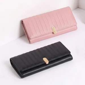 Portefeuille Long pour Femmes en Similicuir PU Gaufré à Rayures Pochette Multicarte Avec Fermoir Métallique Élégant