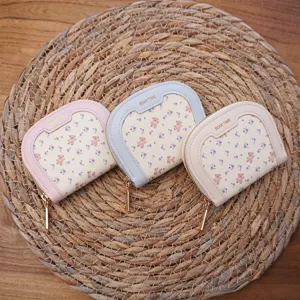 Dames Floral Beer Halve Cirkel Muntportemonnee PU Leer Mini Pasjeshouder Ritszakje Reisportefeuille