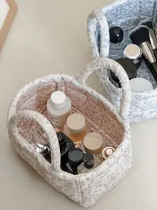 Corduroy bloemen opbergmand detail, schattige Koreaanse stijl draagbare make-up organizer.