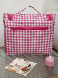 Roze en witte gingham cosmetische tas, grote capaciteit reistas, schattige make-up opbergtas.