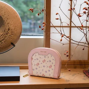 Schattige bloemige beren portemonnee, roze halve cirkel portemonnee en kaarthouder voor dames.