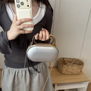 Close-up view of the metallic silver hard shell evening clutch with gold handle and chain.