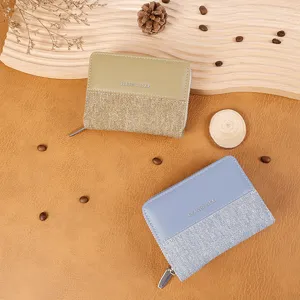 Korean style short bi-fold women wallet PU leather denim patchwork coin purse holder